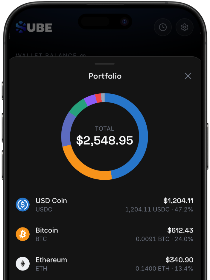 Sube portfolio screen showing total balance and asset breakdown