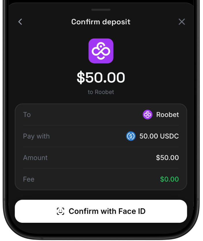 Sube confirm deposit screen sending USDC to a casino